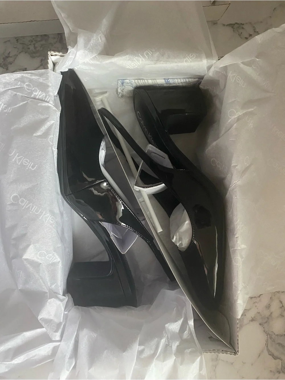 Calvin Klein Glossy Black Patent Slingback Block Heels